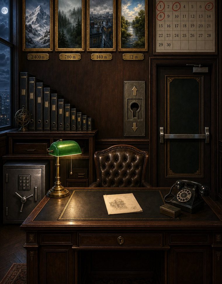 Un bureau lambrissé, une lampe de banquier verte, un coffre.