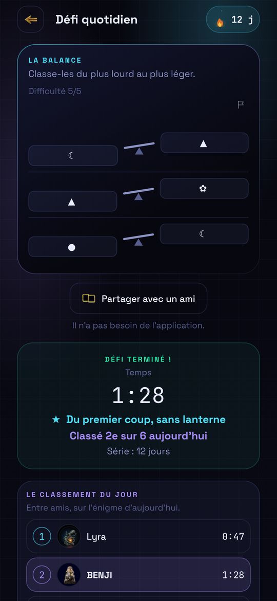 Le défi du jour dans l’application, avec le classement des amis.