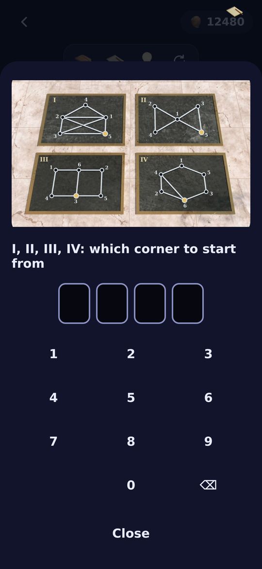A puzzle from the game: four figures and a four-digit code.