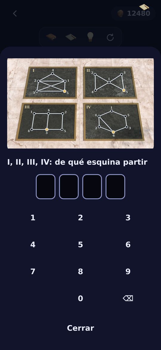Un enigma del juego: cuatro figuras y un código de cuatro cifras.